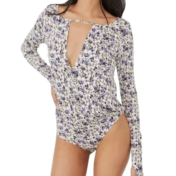 Free People Intimately Free Kaya Print Cutout Bodysuit Blue Micro Floral Fairy - Picture 2 of 13